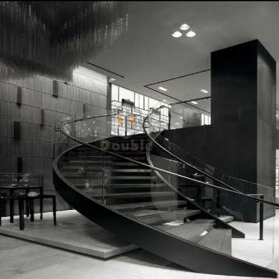 Commercial stainless steel glass curved staircase custom glass wood arc stairs