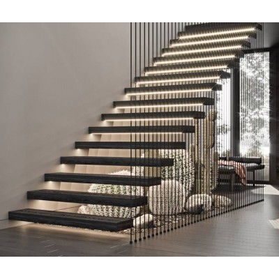 Interior Invisible Stringer Floating Stairs With 40mm Oak Wood Tread